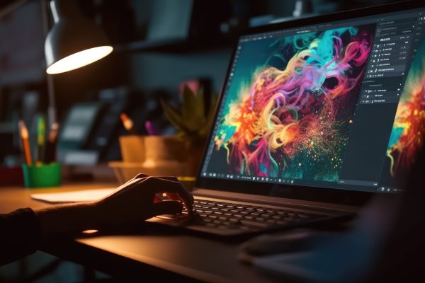 Graphic designer work on computer laptop and with graphic drawing pen. Generative AI